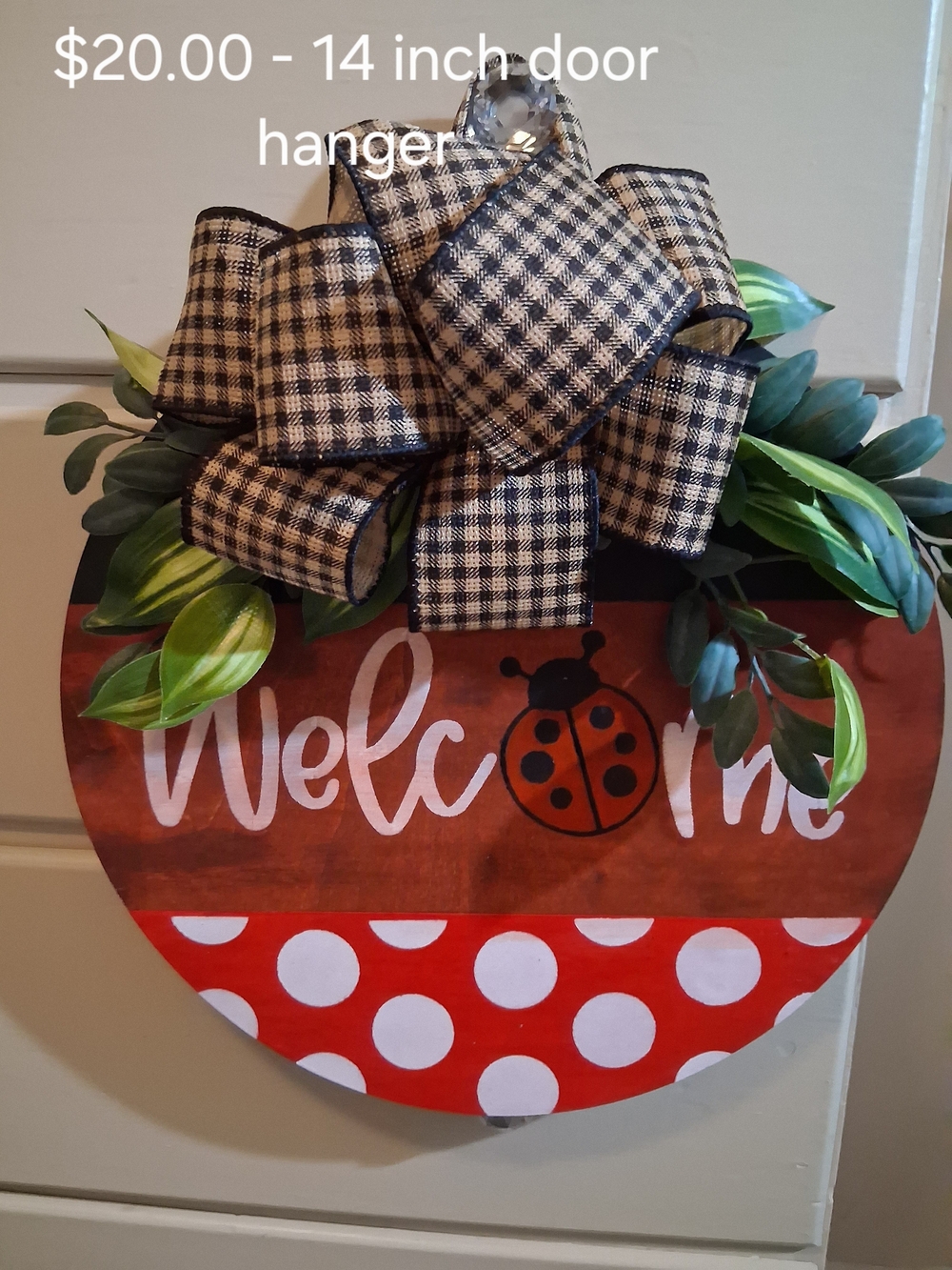 Welcome Ladybug Door Hanger with Black Plaid Bow